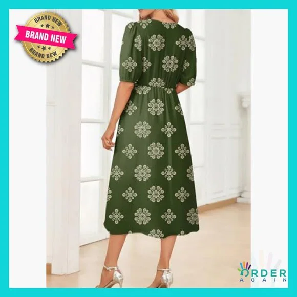 Boho Maxi Dress Flowy V Neck Short Sleeve Casual Summer Elegant with Pockets - Picture 6 of 7